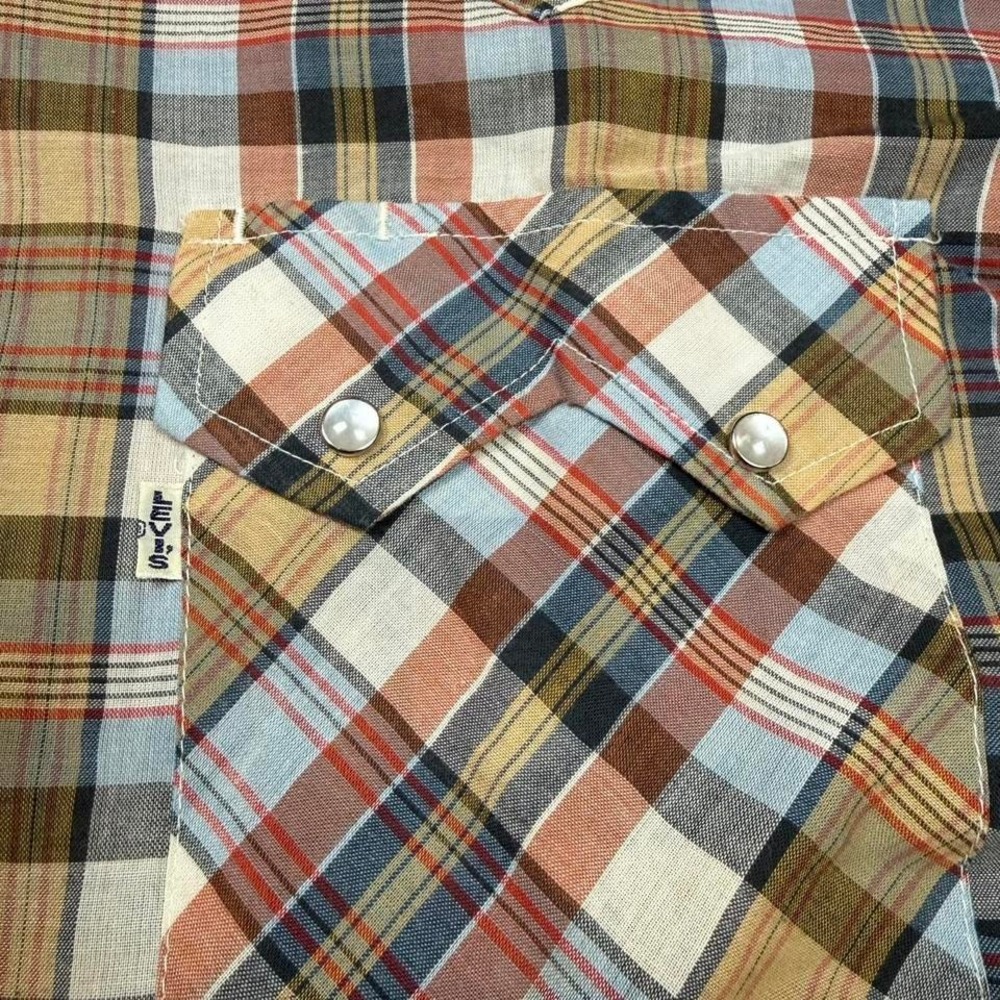 Vintage Levis Western Shirt Brown White Plaid White Tab Big E Pearl Snap